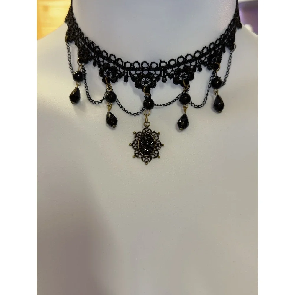 Victorian Gothic Black Lace Choker Necklace Beads Teardrops Pendant 12
